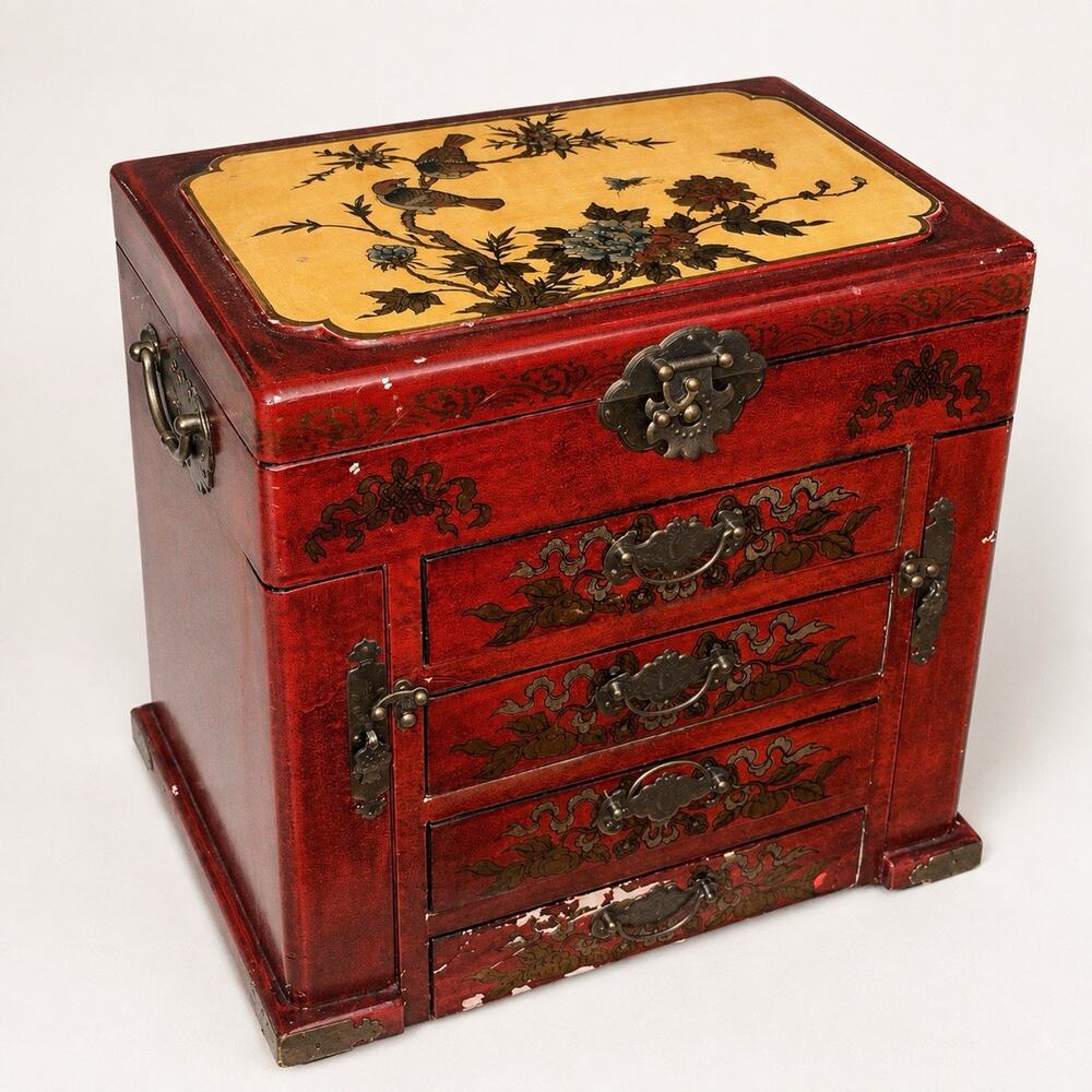 Vintage Chinese Red lacquerware Wood BIRD Motif 4 Drawer Jewelry Box